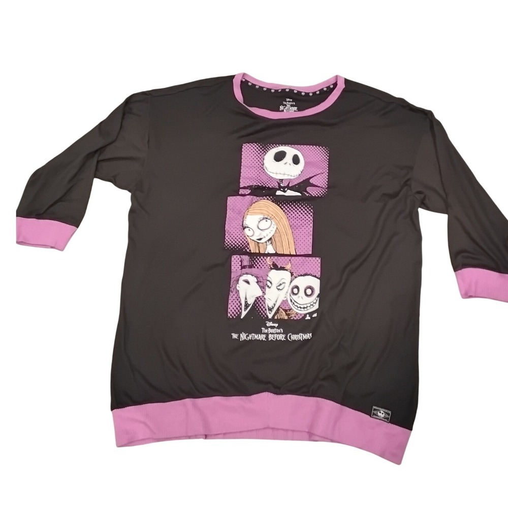 Disney Nightmare Before Christmas Jack Sally Graphic Top Pink Trim Black L